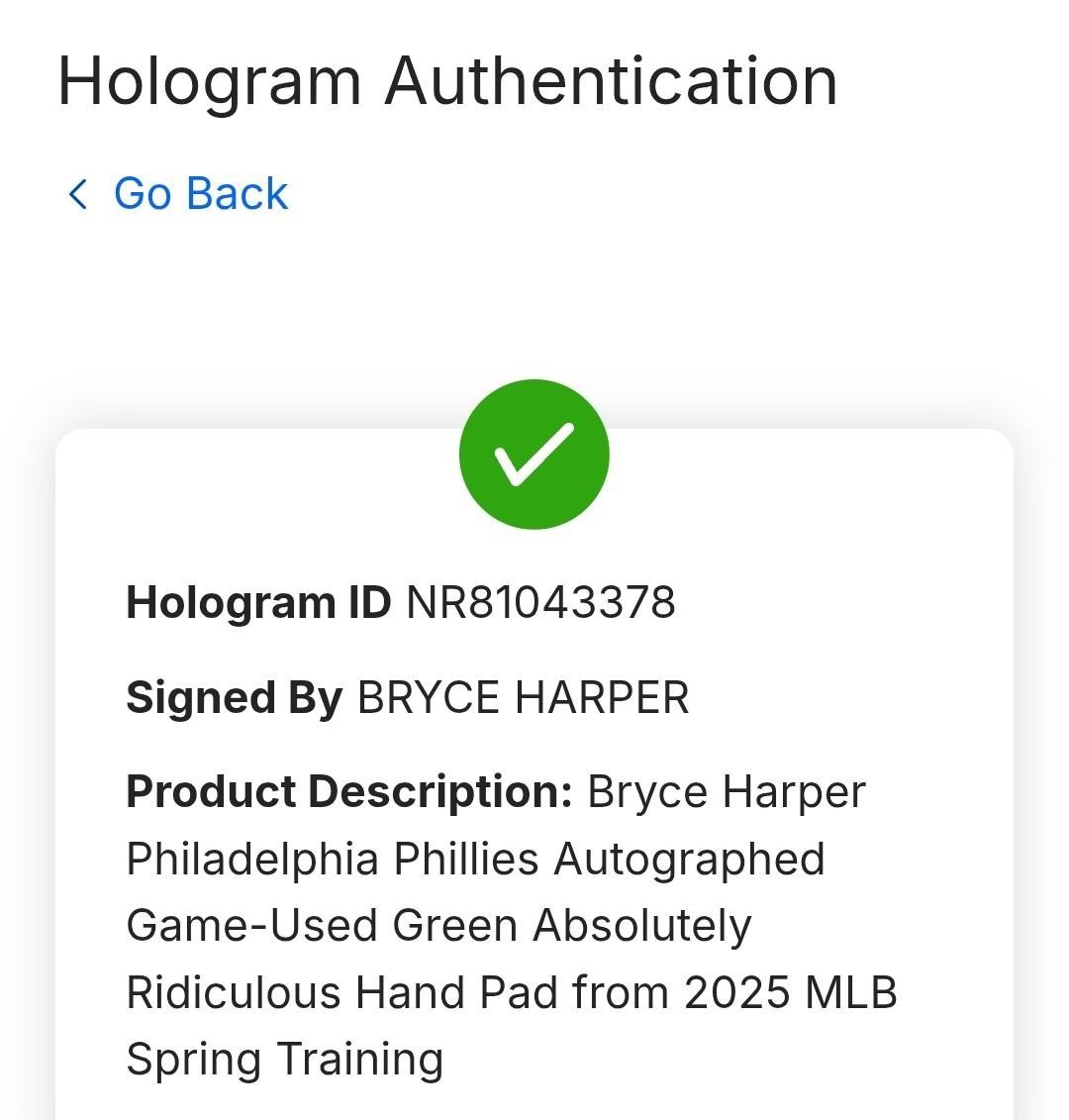 Phillies BRYCE HARPER Signed Game Used "Ridiculous" Hand Pad 2025 Season KELLY