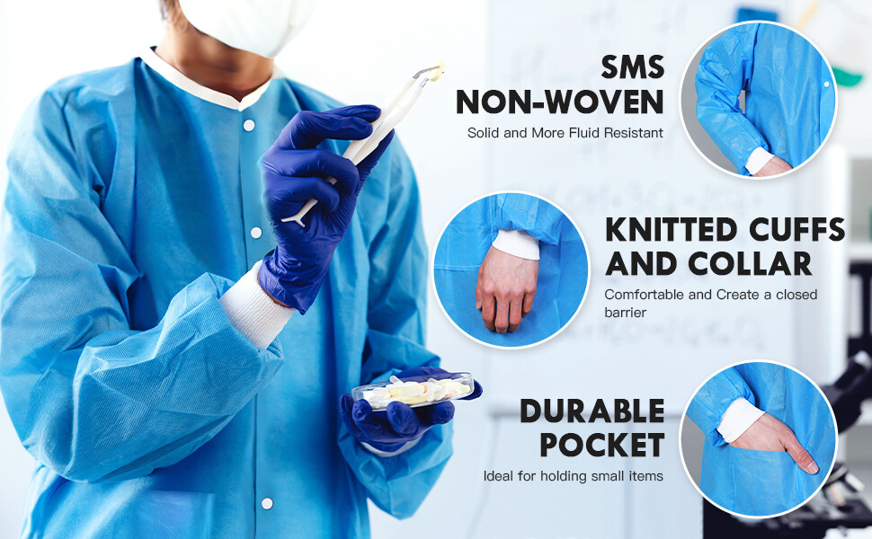 Case of 50 Disposable SMS Lab Coat Blue,2 Pockets, 35gsm, M-2XL Size