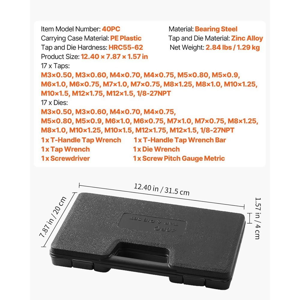 40 Piece Tap and Die Set SAE & Metric , Metric Screw Threads with Carrying Case