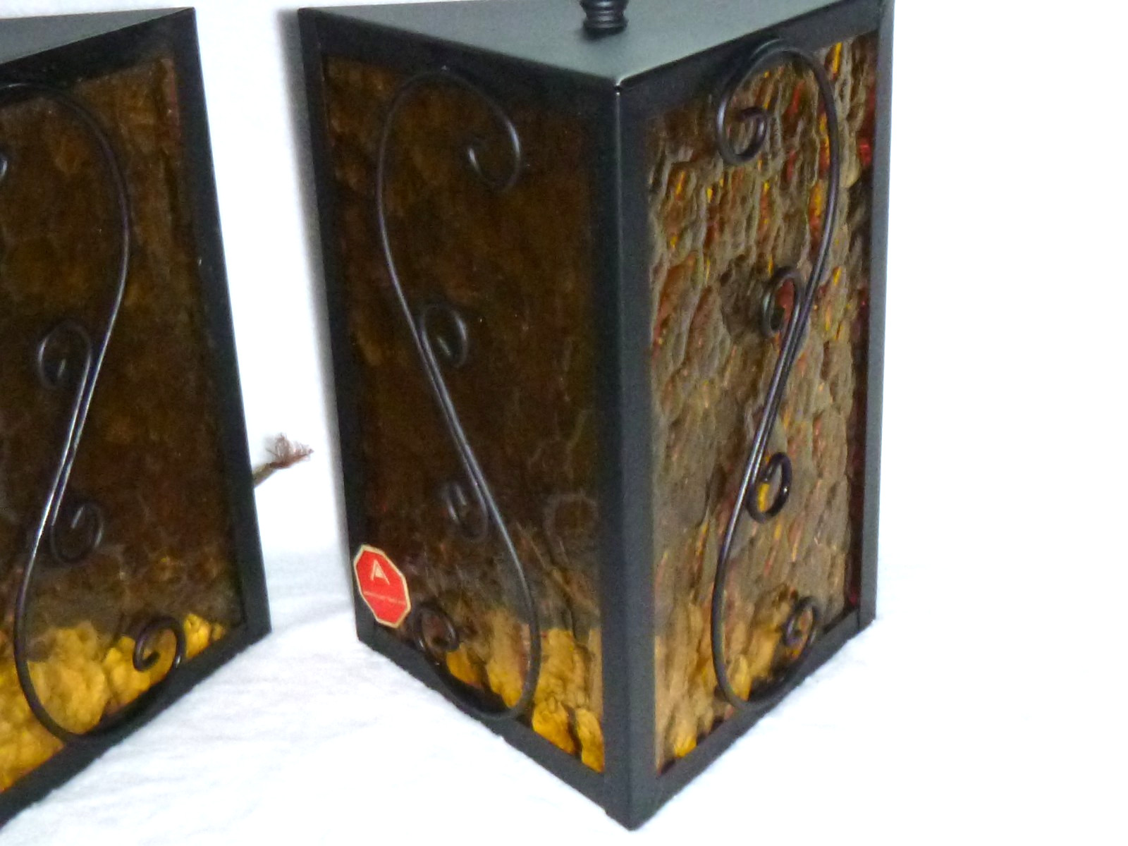 PAIR NOS Vtg 1969 Amber Glass & Black Metal Trianglular Indoor /Outdoor Sconces