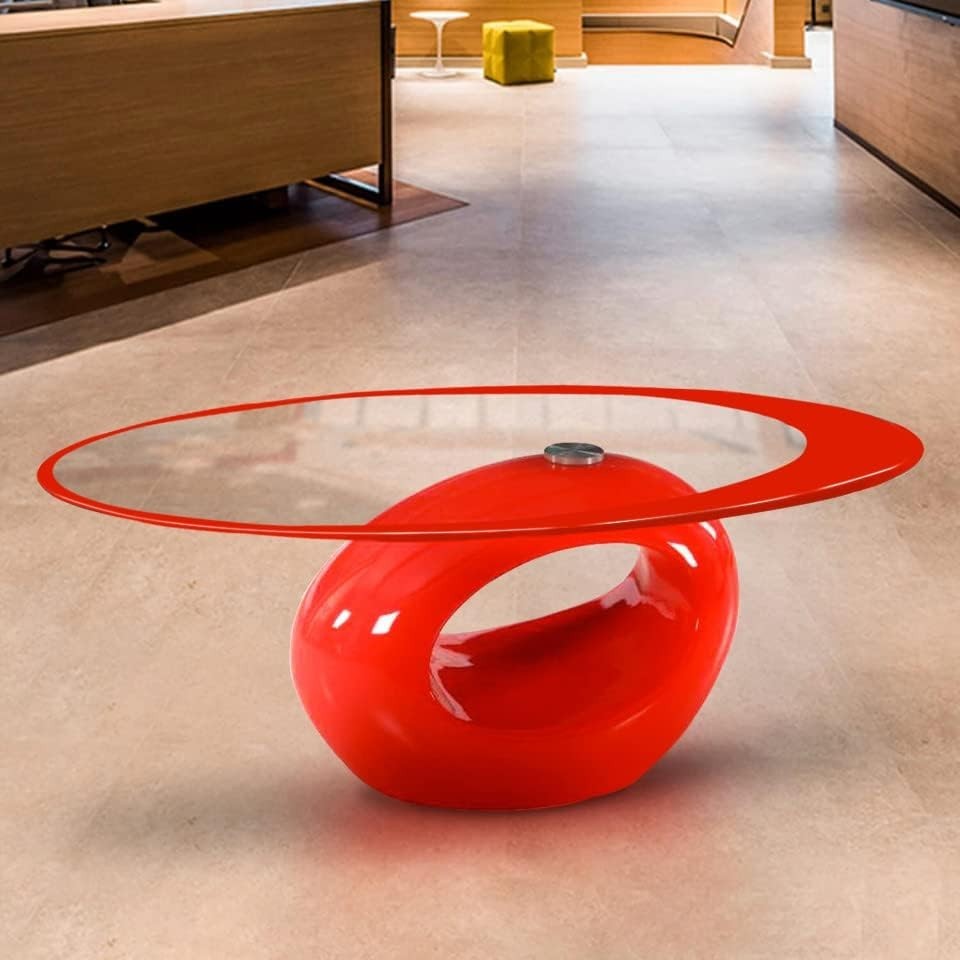 Red High Gloss Coffee Table 10mm Tempered Glass Flat, Top Oval Modern Base