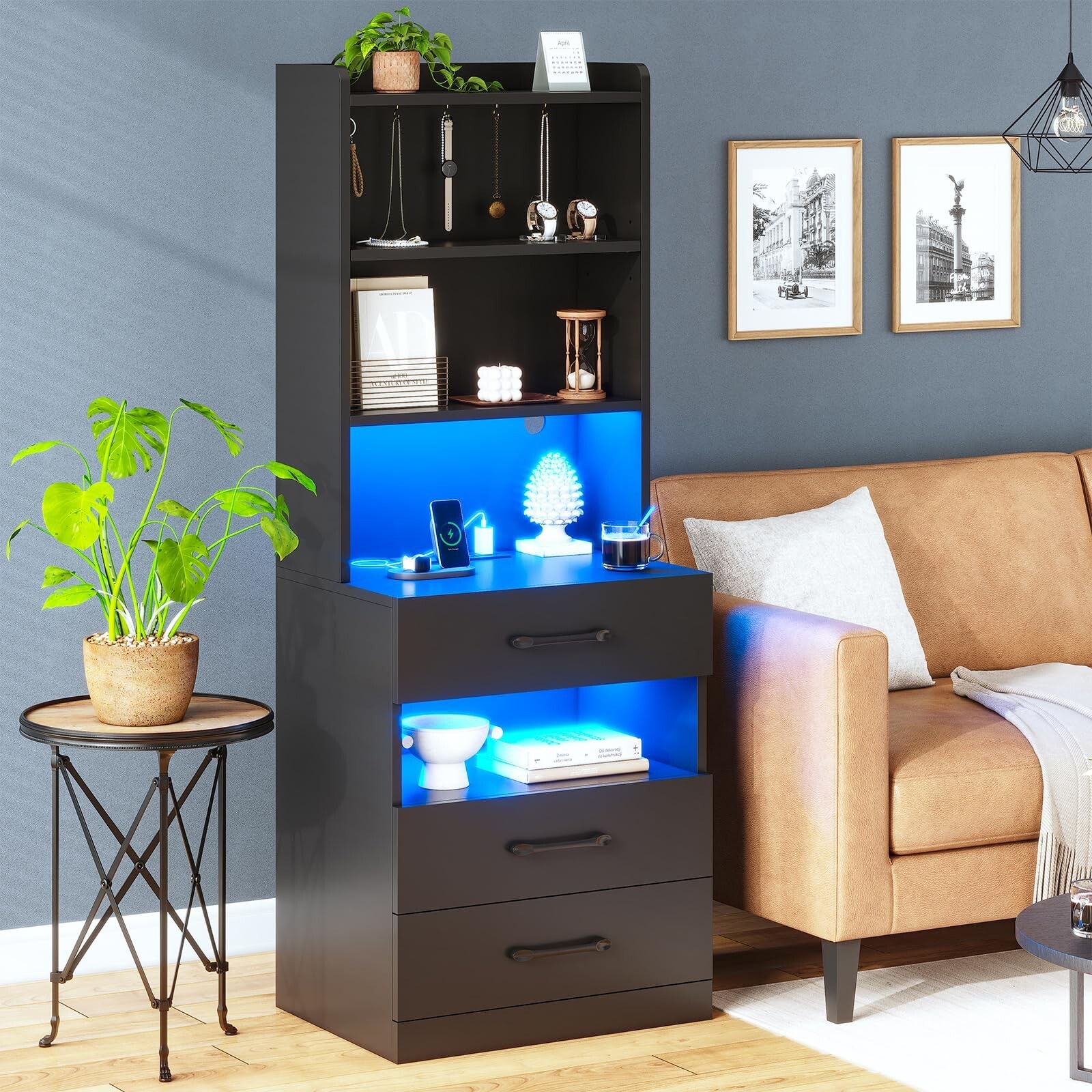 Tall Night Stand with LED Lights, Black Nightstand with 3 Drawers for Bedroom