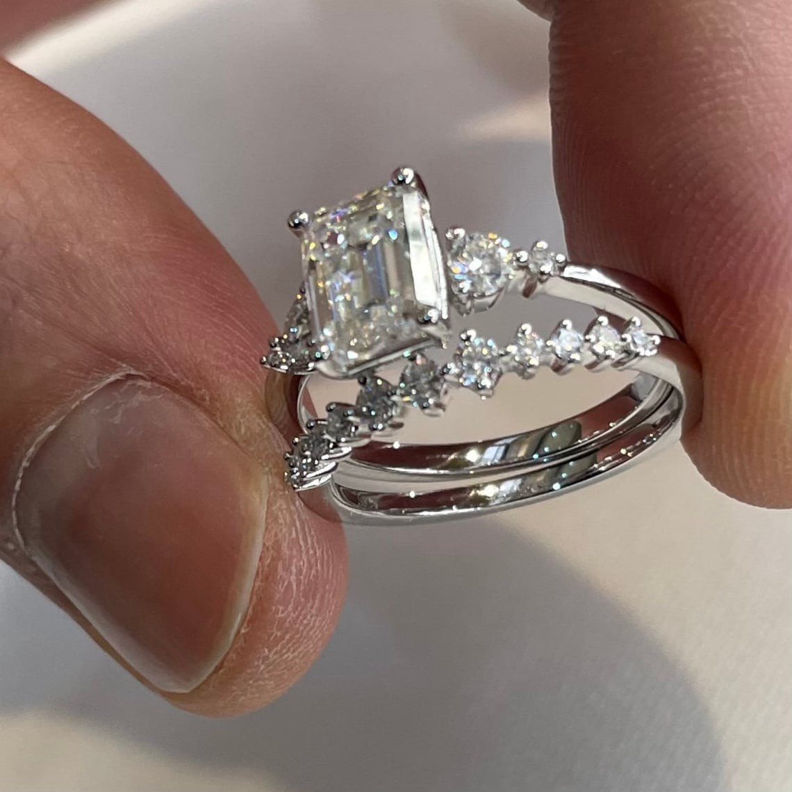 2 CT Emerald Cut Moissanite Wedding Bridal Ring Set Solid 14K White Gold For Her