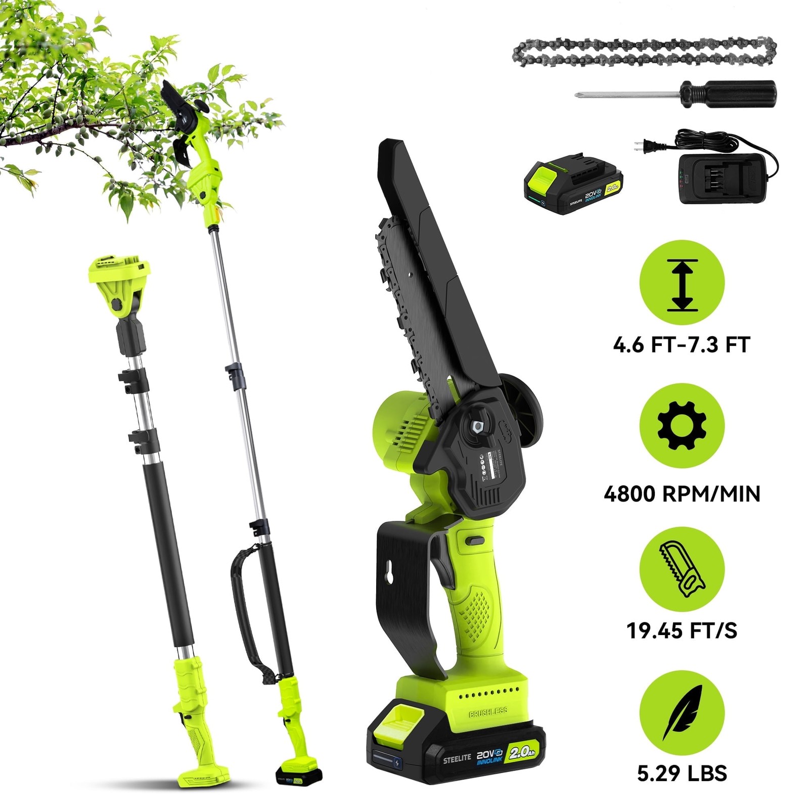 Steelite 21V 2-in-1 Cordless Pole Saw & 6 Inch Electric Mini Chainsaw W/ Battery