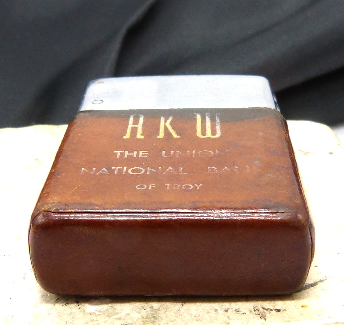 Vintage Wind Master Advertising Lighter Union National Bank Troy NY - Leather