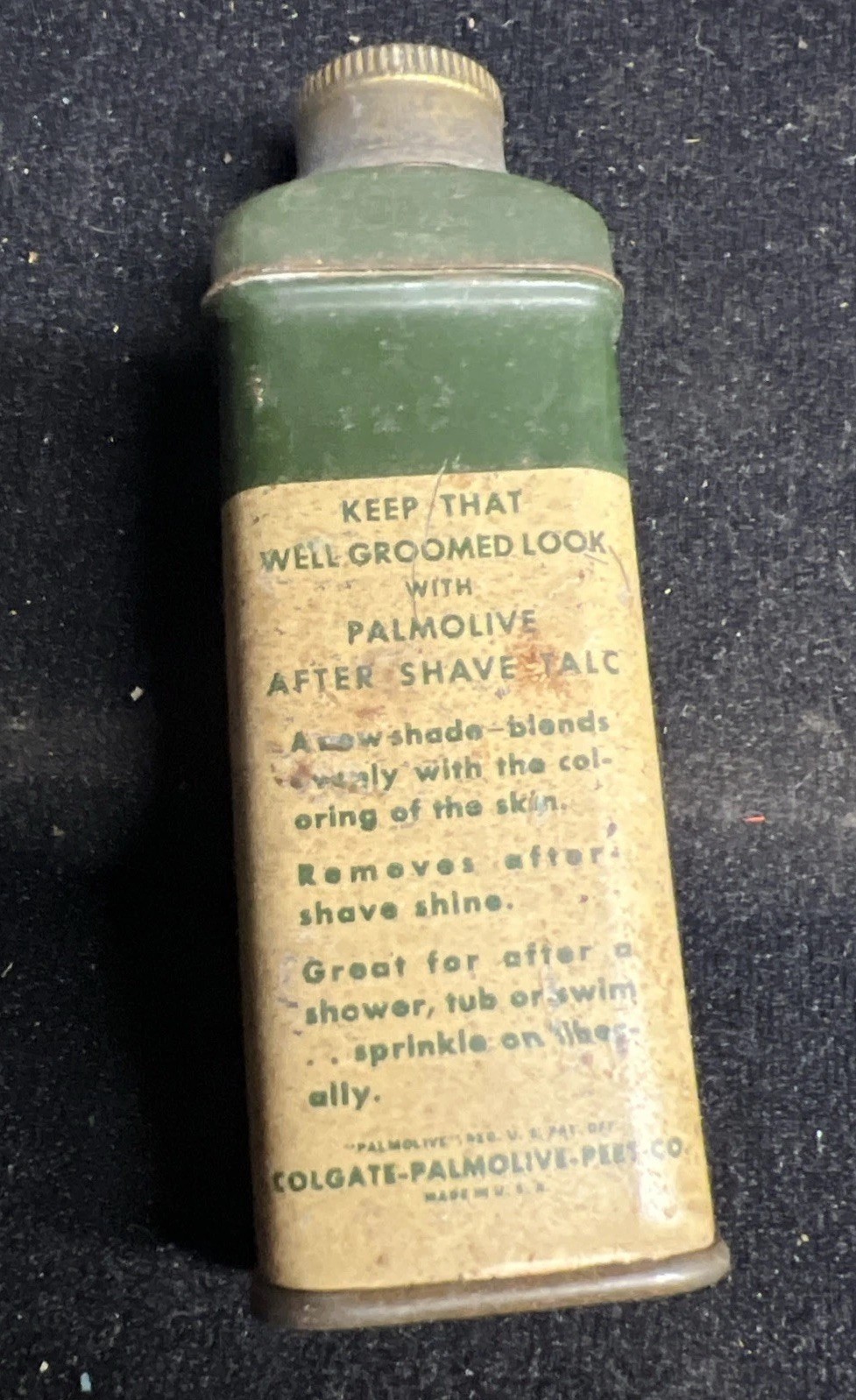 VTG 1950s PALMOLIVE after shave talc ADVERTISING TIN Green Medical Can Tin