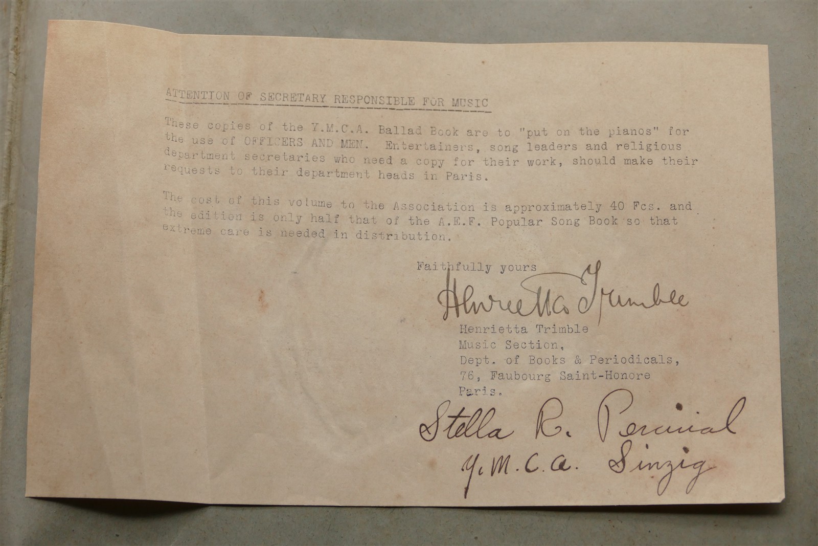 WWI Y.M.C.A. "Sing Me A Song" 10x14" Piano Ballad Book 1919 A.E.F Paris 160 pgs,