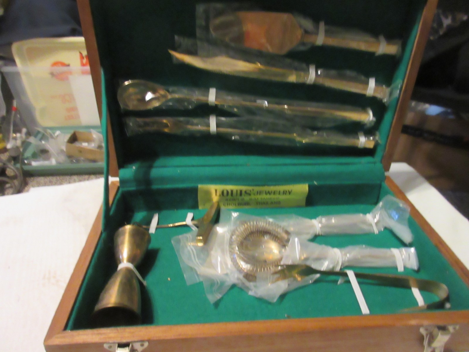 Vintage Cocktail Tool Kit Bar Set Teak Case Bronzeware 9 pc Thailand Nice