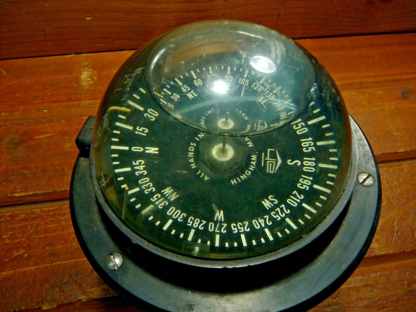 Vintage Marine COMPASS Boat Nautical, ALL HANDS Inc. HINGHAM, MASS