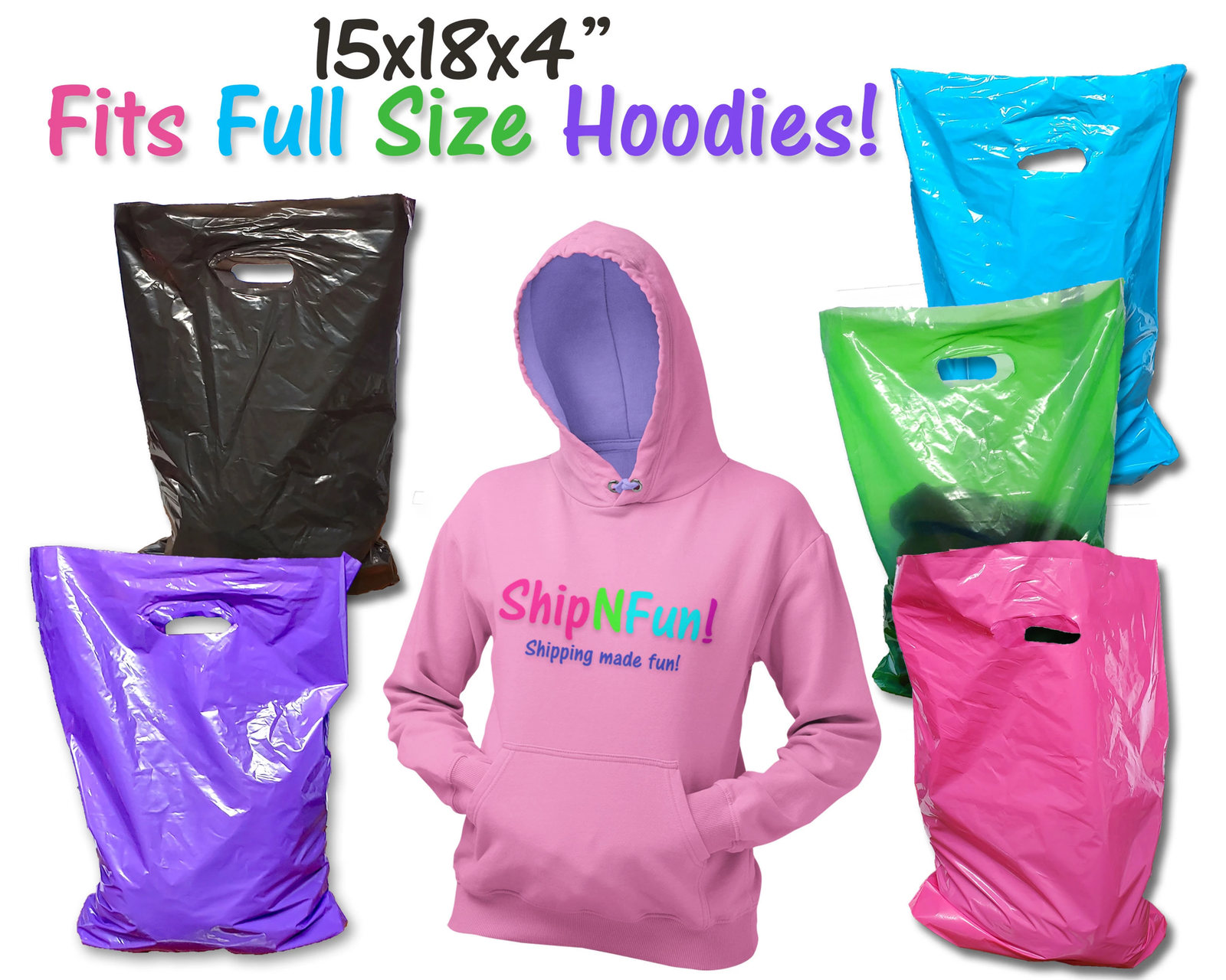 100 Pack Plastic Merchandise Bags, 3 Sizes, 9x12, 12x15, 15x18x4" Die Cut Handle