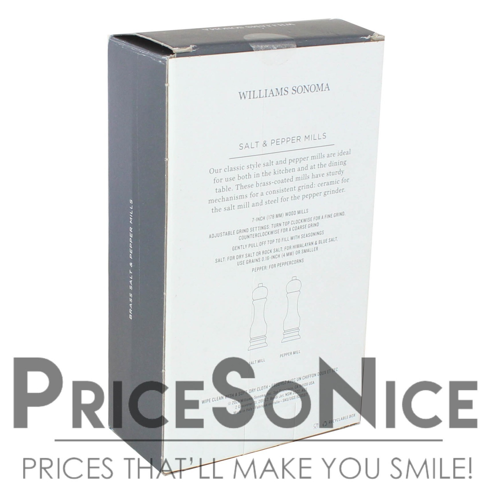 Williams Sonoma 7 inch Polished Brass Salt & Pepper Mills, MSRP $250