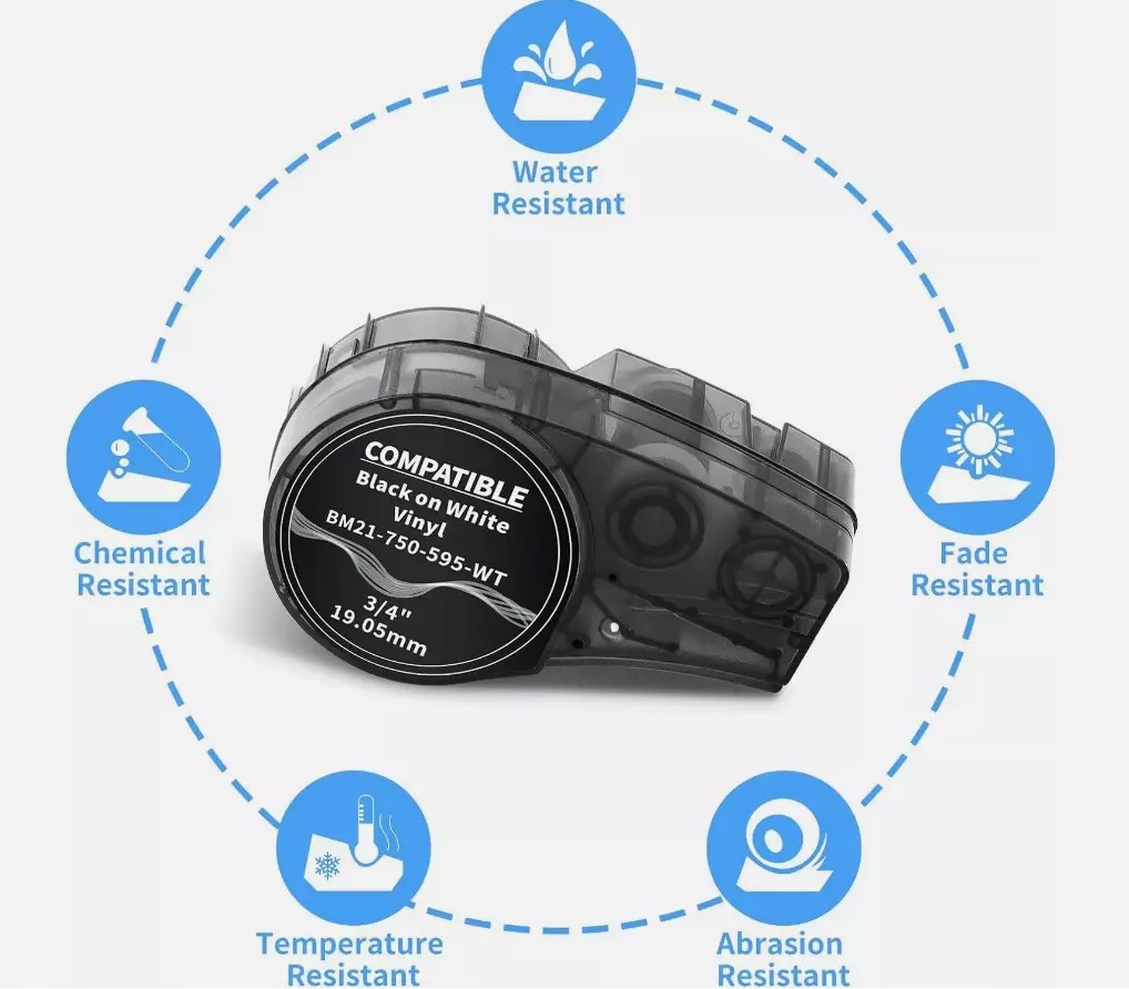 For BMP21 Label Cartridge M21-750-595-WT Black/White Vinyl 3/4" x21'