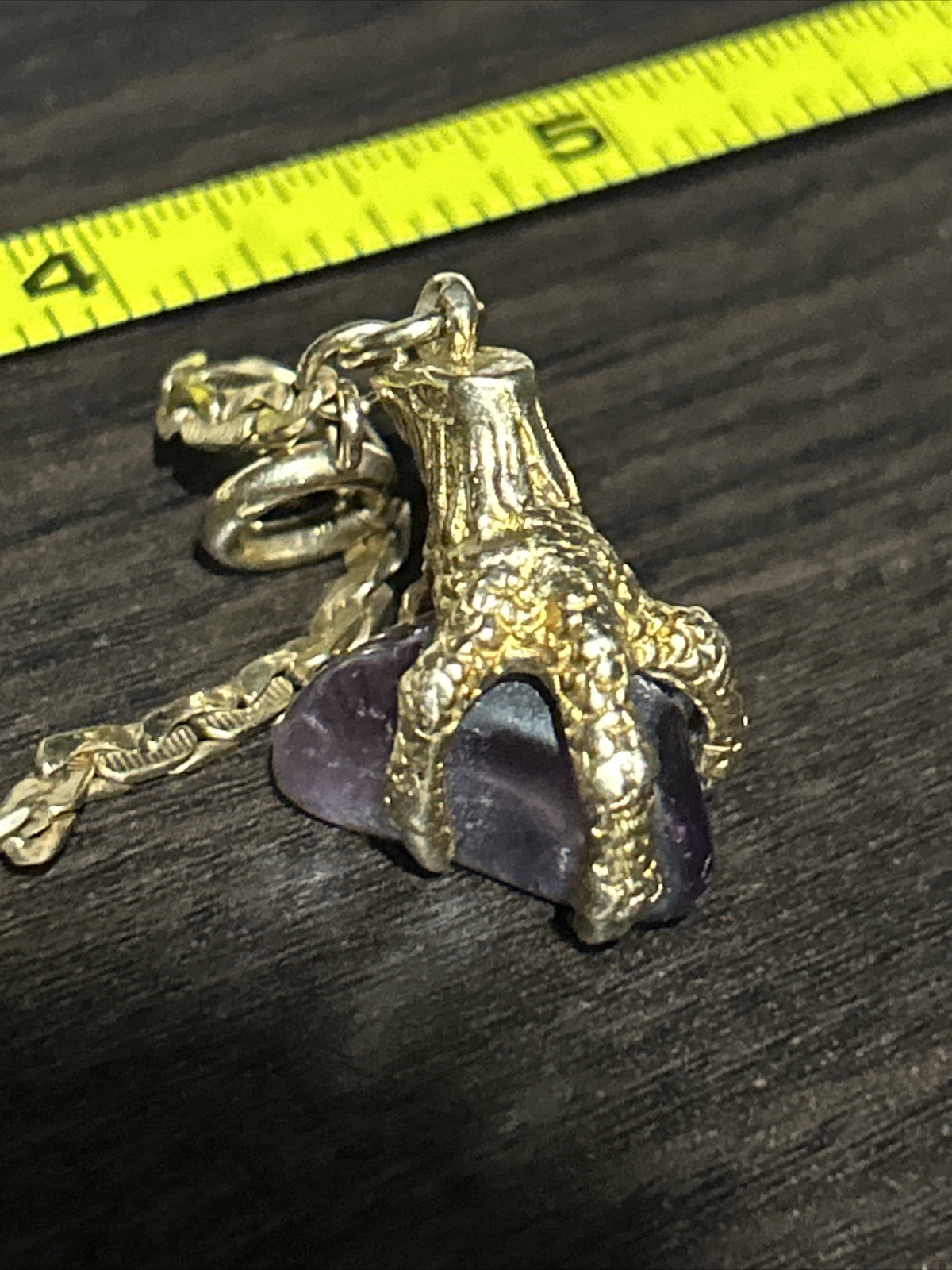 Vintage 9ct Solid Gold Amethyst Dragon Claw Fob Pendant SP Gold Filled 14” Chain