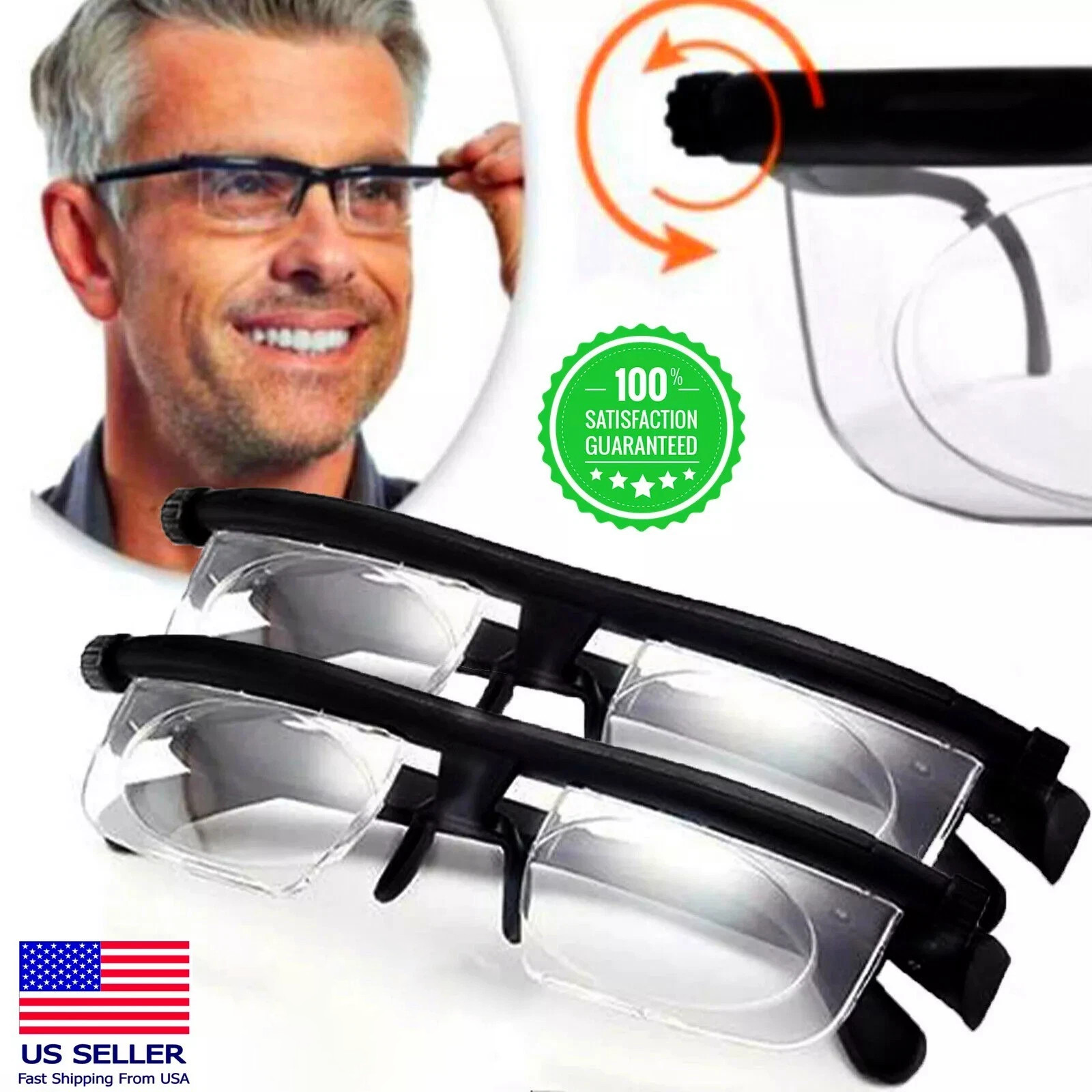 Dial Adjustable Glasses Variable Focus For Reading Distance Vision Eyeglasses US