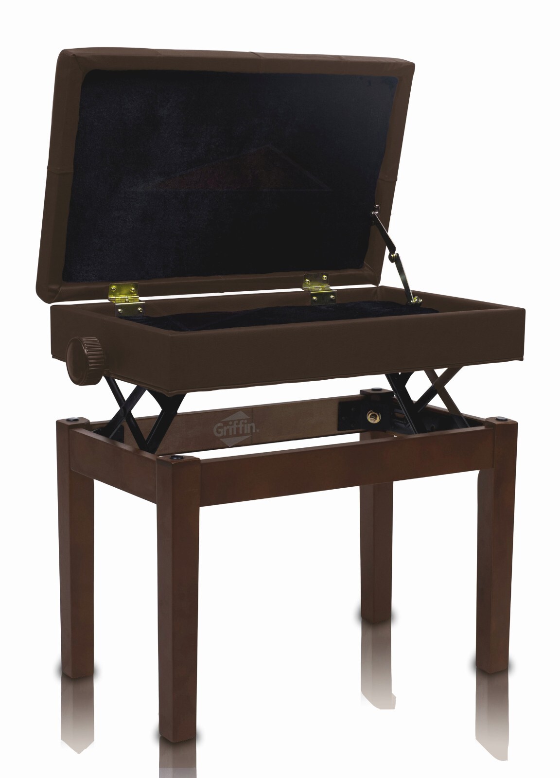 Brown Leather Piano Bench - GRIFFIN Keyboard Seat Wood Vanity Chair Guitar Stool
