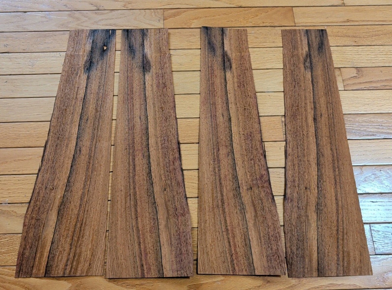 4 pcs San Domingo rosewood wood veneer 4 1/8" x 21" ea hole cracks 6" wi.