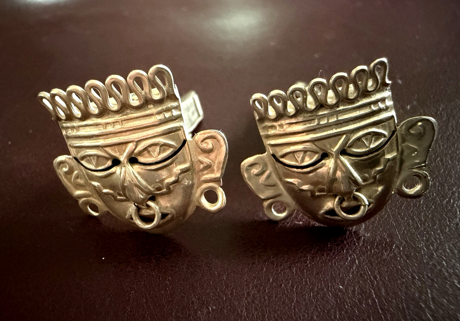925 Sterling Silver CUFFLINKS Aztec WARRIOR Face Mask w/ Nose Ring Alpaca MEXICO