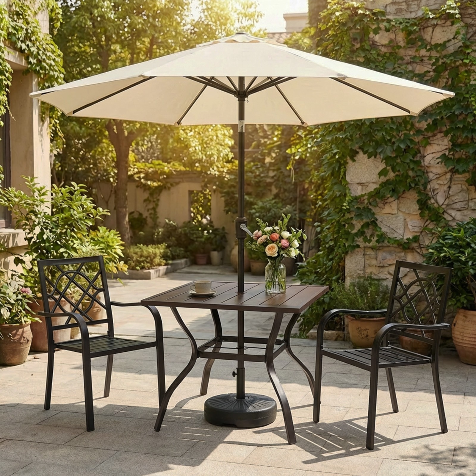 38" Square Metal Patio Table Outdoor Dining Table for 4 with 1.6" Umbrella Hole