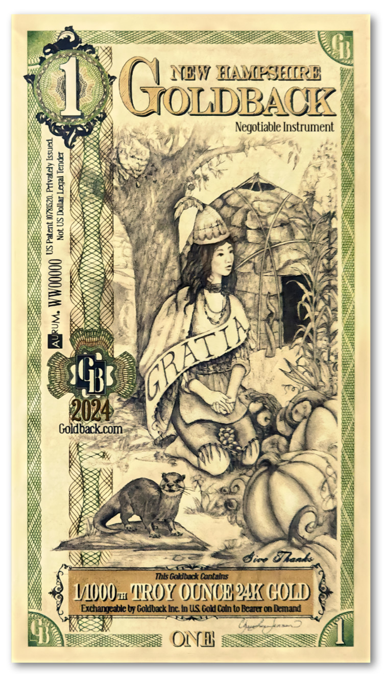 New Hampshire 1 Goldbacks Gold Polymer Notes 1/1000th Troy Oz 24KT Goldback Unc