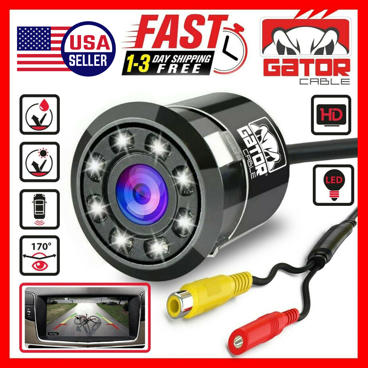 Car Rear View Backup Reverse Camera 170° CMOS 8 LED HD Night Vision Waterproof