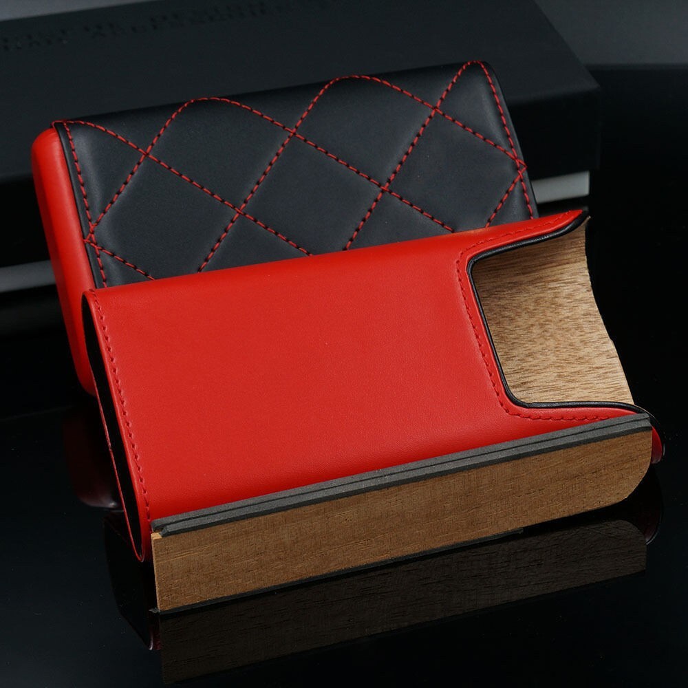 Portable Red Black Leather Cedar Wood 3 Ct Cigar Case Holder Travel Humidor