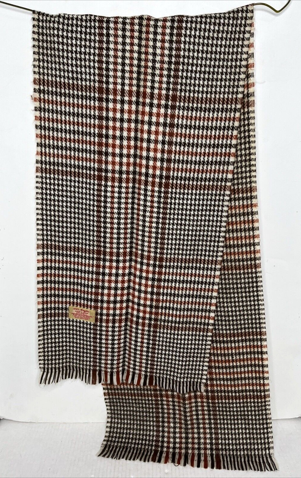 100% Acrylic Fringed Plaid 54" Scarf Tan Brown WPL5271 Vintage Made in Japan
