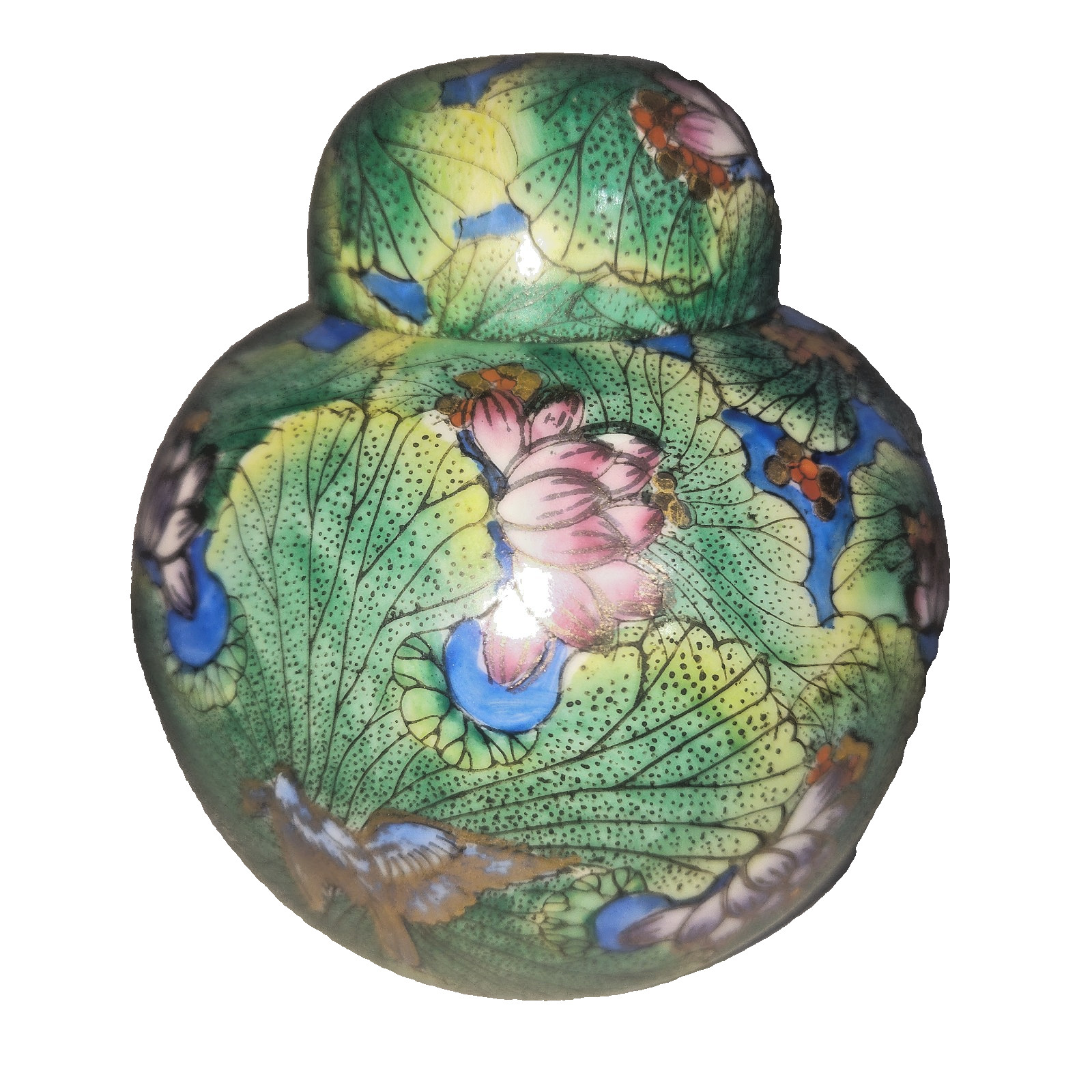 VTG CPC Macau Hand Painted Porcelain Ginger Jar Pink Lotus Floral Lidded 4.5 in