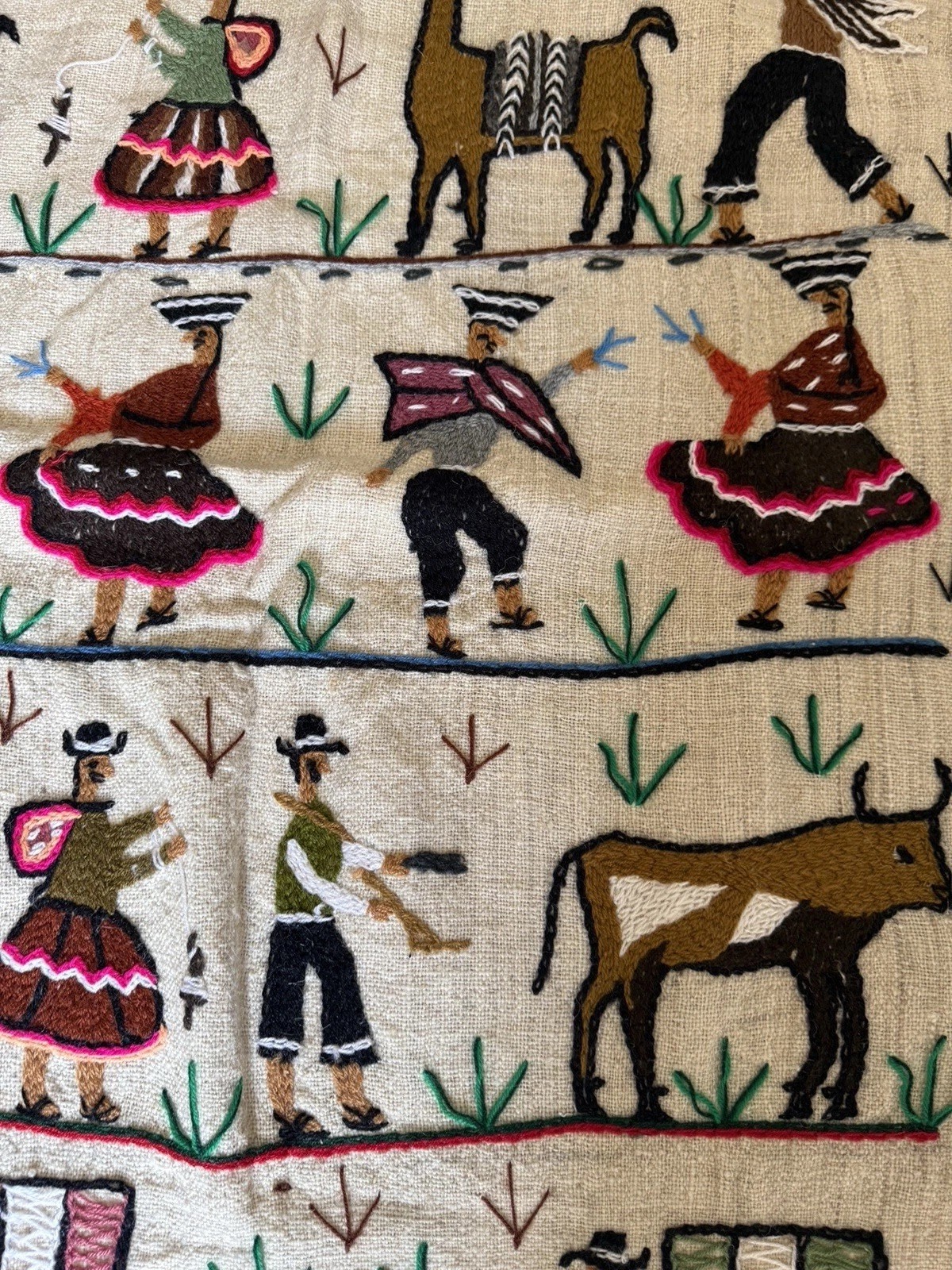 Vintage Peruvian Embroidered Wool Tapestry Wedding Celebration 39x24”