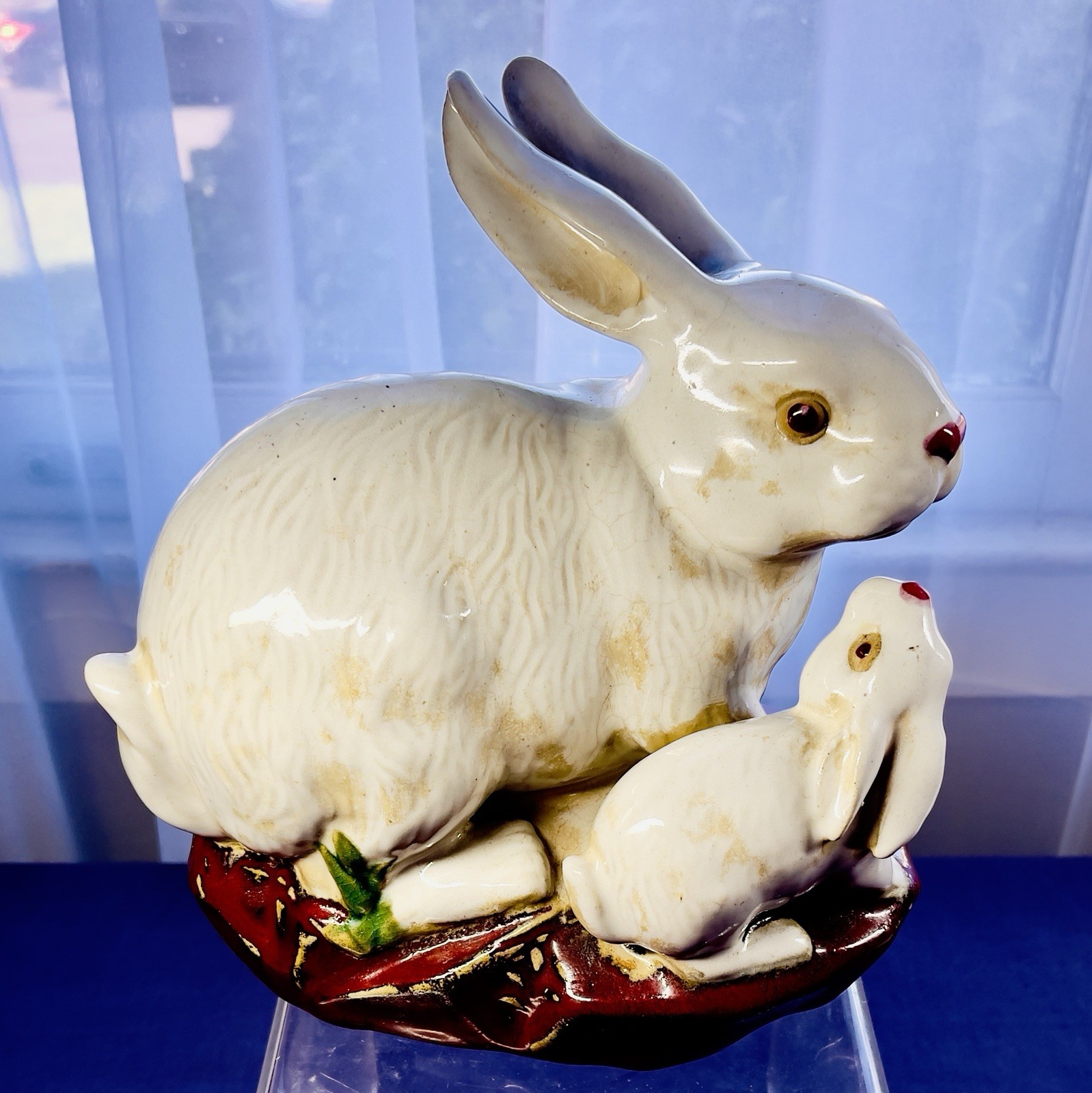 Majolica Rabbit & Baby Bunny vintage Japanese 10" tall 9" long 8" wide