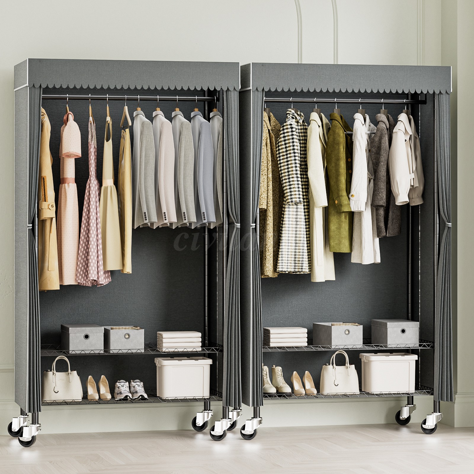 3 Tiers Heavy Duty Rolling Garment Rack with Wheels, Adjustable Shelf, Bedroom