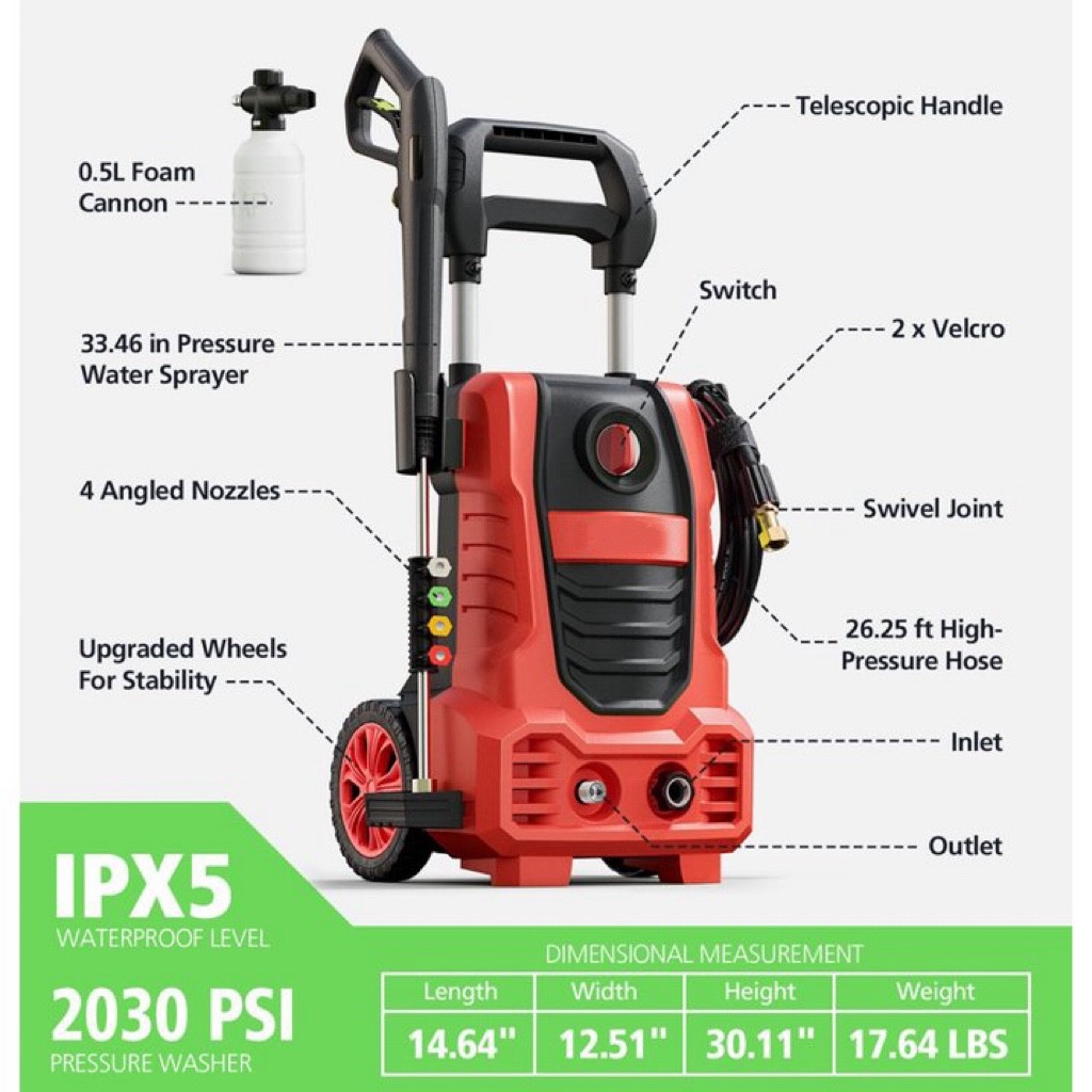 New -- Electric Pressure Washer, 26 FT Hose Pressure Cleaner 2030 PSI - Red