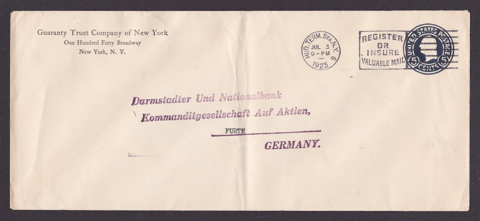 UNITED STATES 1923, Stamped cover from New York to Germany
