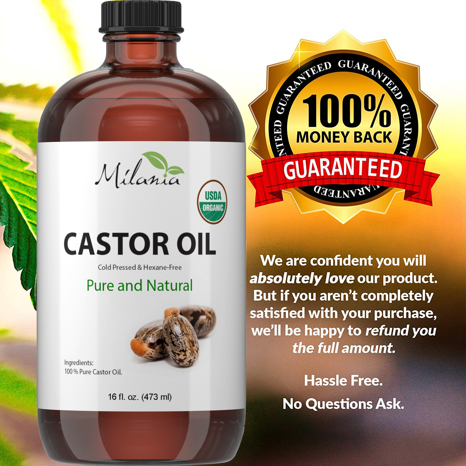 Milania Organic Castor Oil (16oz) - Glass Bottle - Cold Pressed & Hexane-Free.