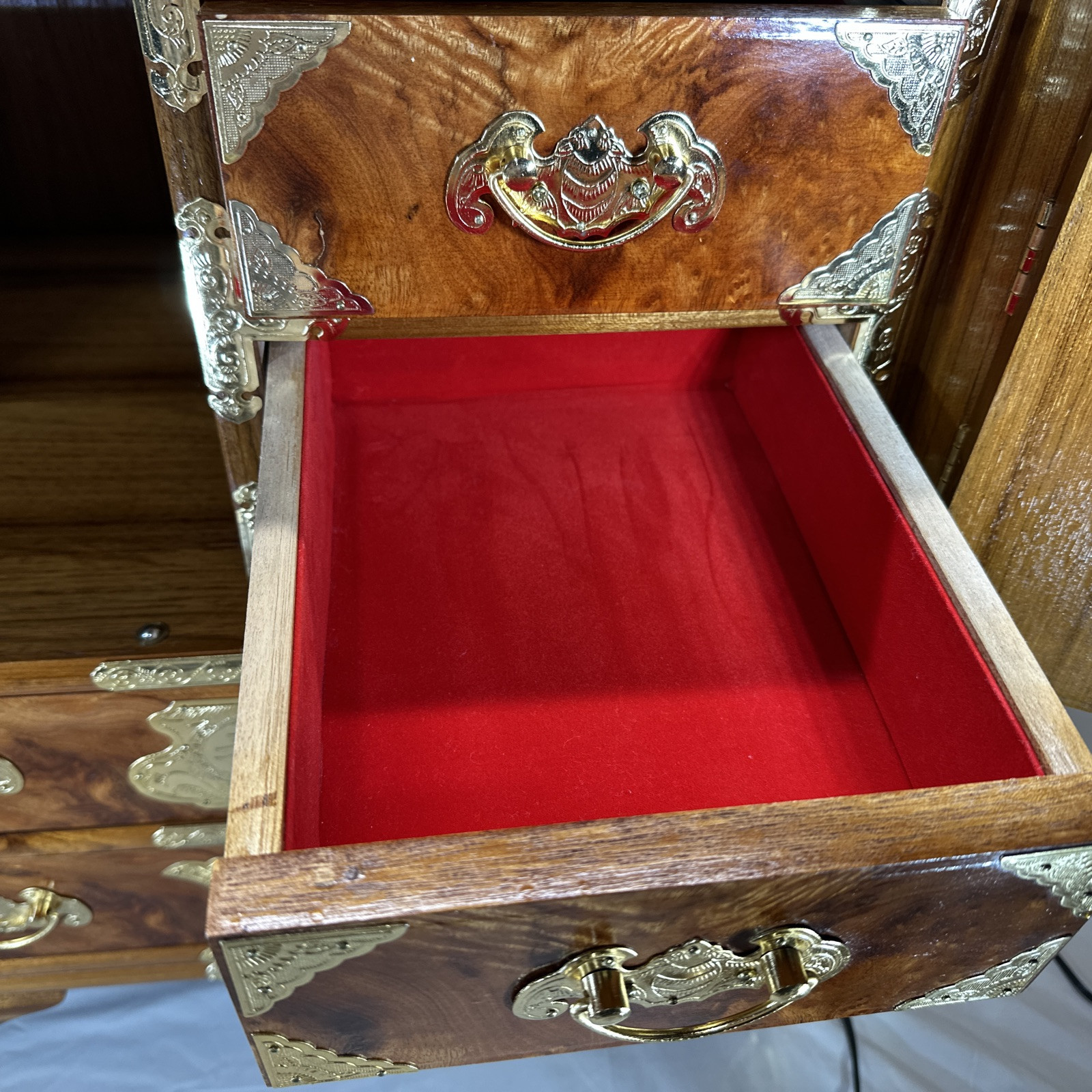 Vintage Asian Burl Wood and Brass Tansu Chest Mid Century 1970's Elegant