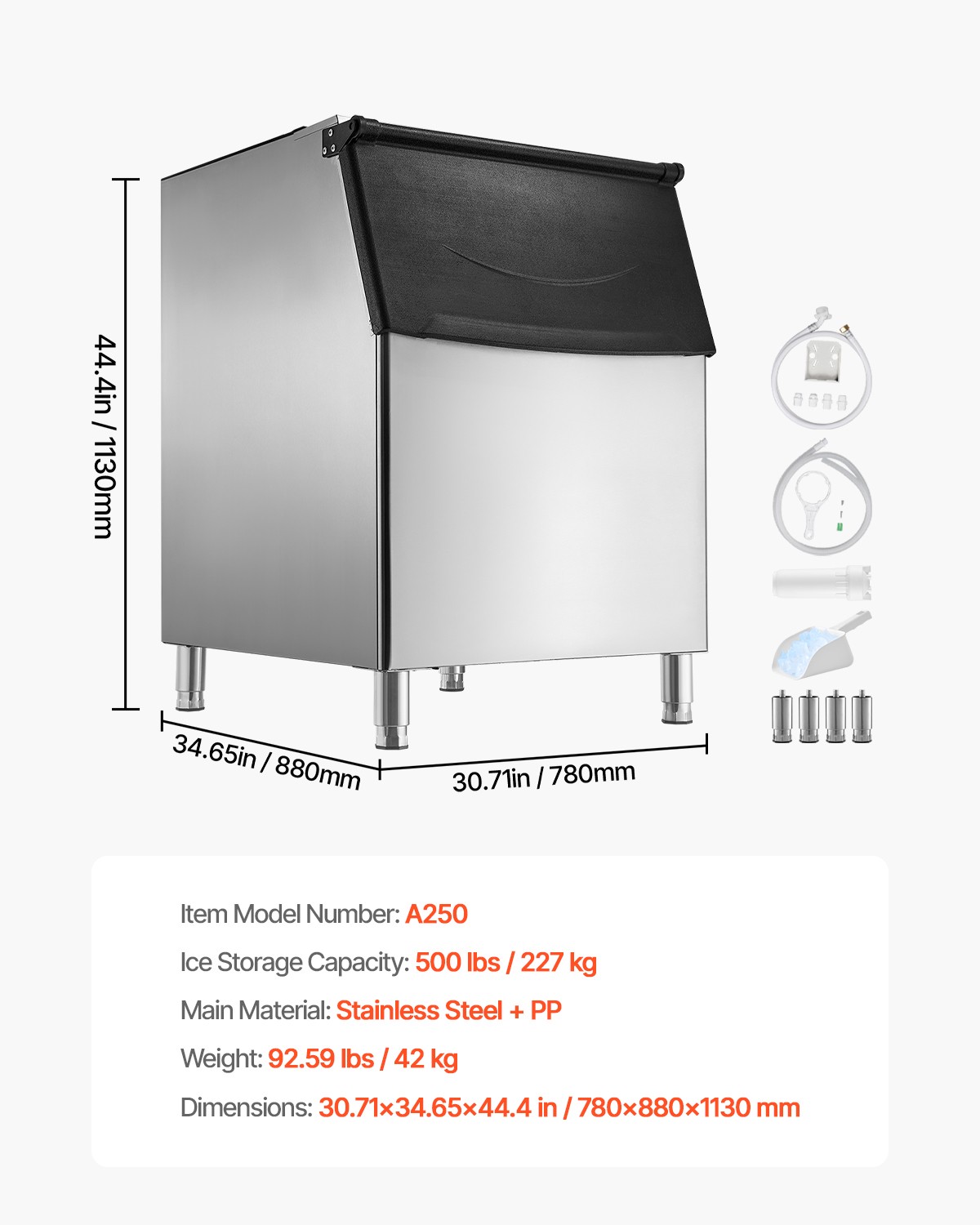 VEVOR Commercial Ice Maker Storage Bin 500lbs Capacity Stainless Steel Ice Bin