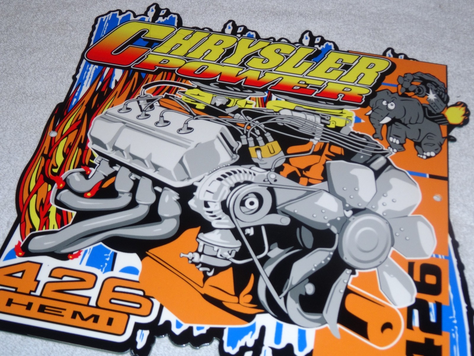 VINTAGE "CHRYSLER POWER 426 HEMI MOTOR ELEPHANT" 11 3/4" METAL GASOLINE OIL SIGN