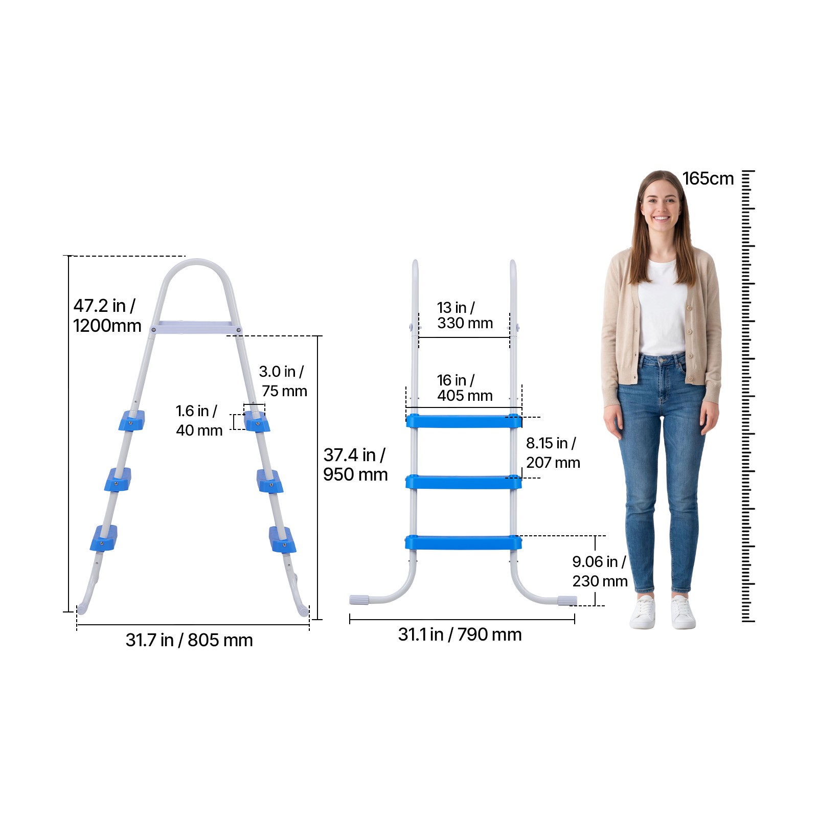 Uimoso 3-Step Steel A-Frame Pool Ladder for 36in Wall, 300lbs Capacity