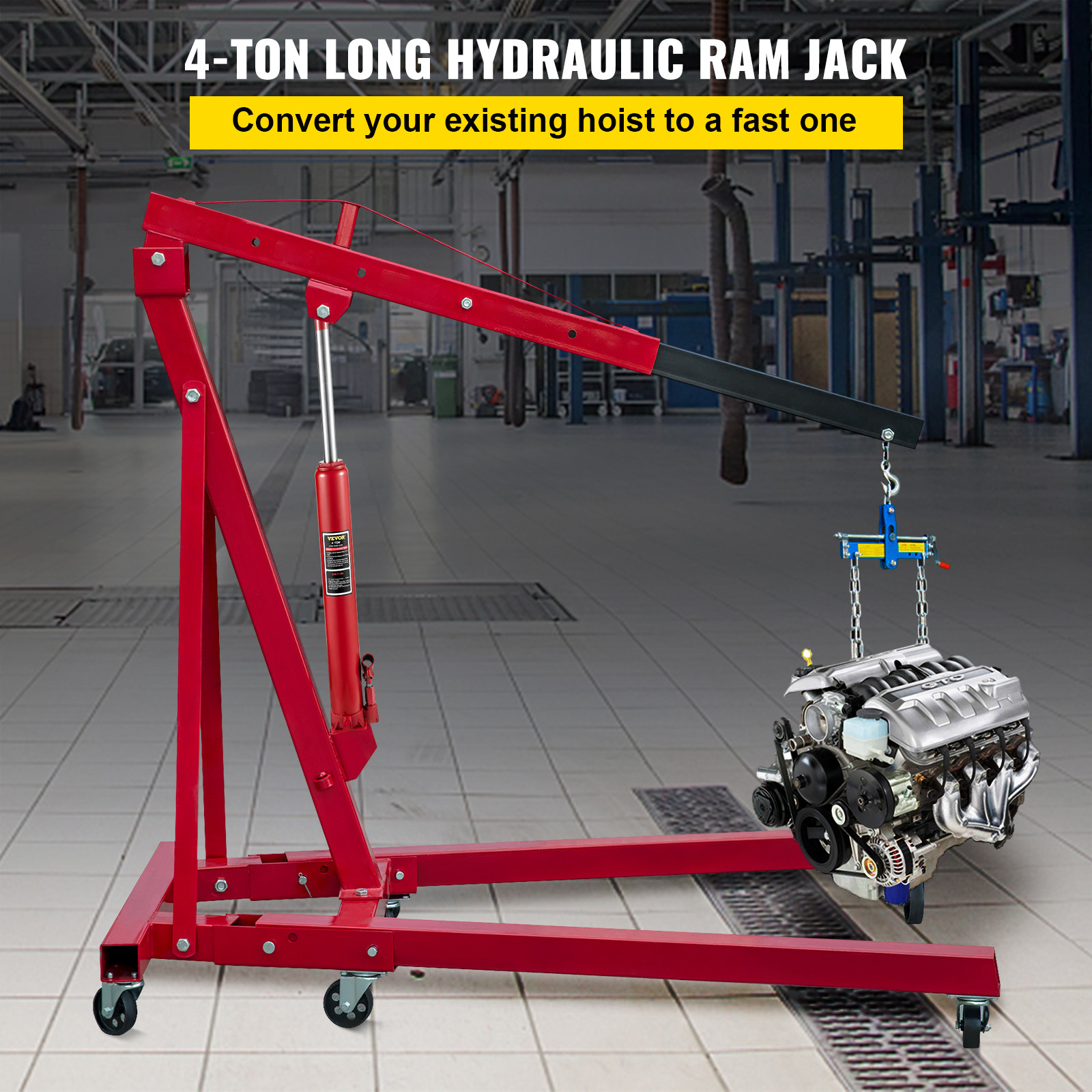 Red 4 Ton Hydraulic Long Ram Jack Flat Base Manual Engine Hoist Cherry Picker