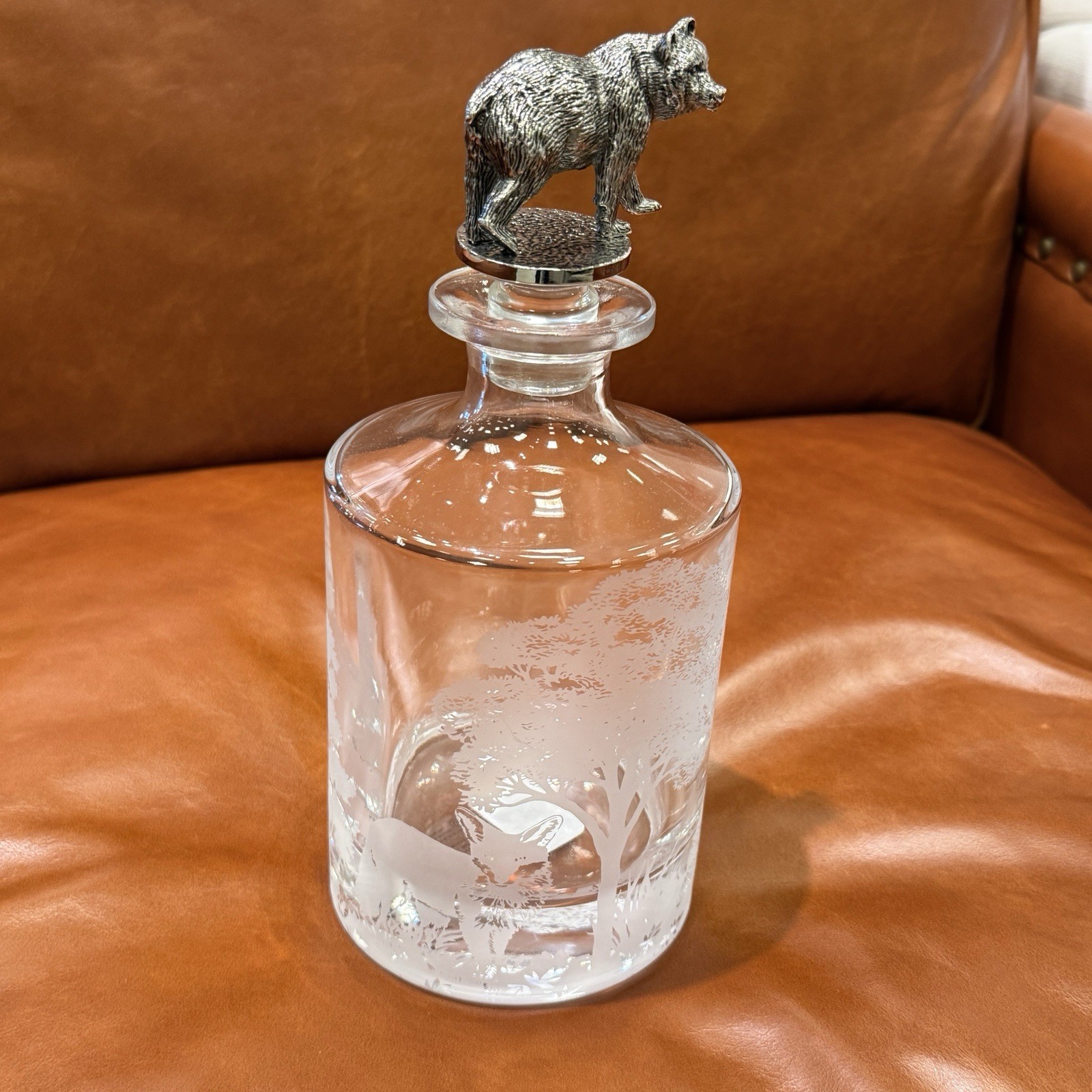 POTTERY BARN Fantastical Forest Glass Decanter 4.5" X 10" ~ BEAR, FOX, QUAIL