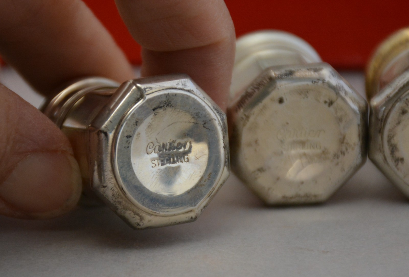 Cartier Silver Salt Pepper Shakers - Set of 8 - Original Box - 4 Gold Plated Lid