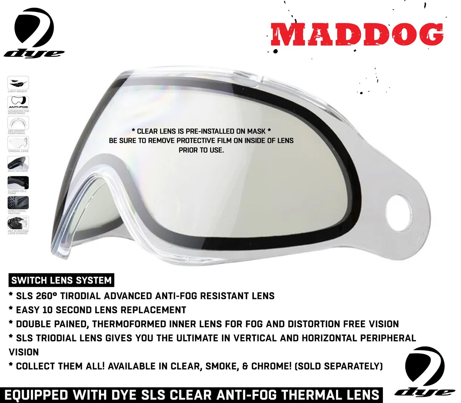 CLEARANCE Maddog Dye SE Anti-Fog Thermal Paintball Mask Goggle Clear Lens