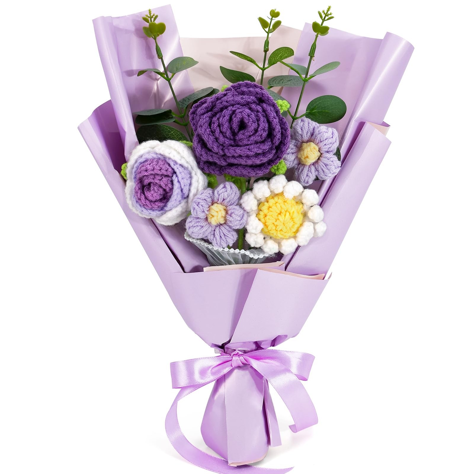 Omldggr Crochet Flowers Bouquet, Knitted 14 x 7.8 x 2.4 inches, Purple-rose