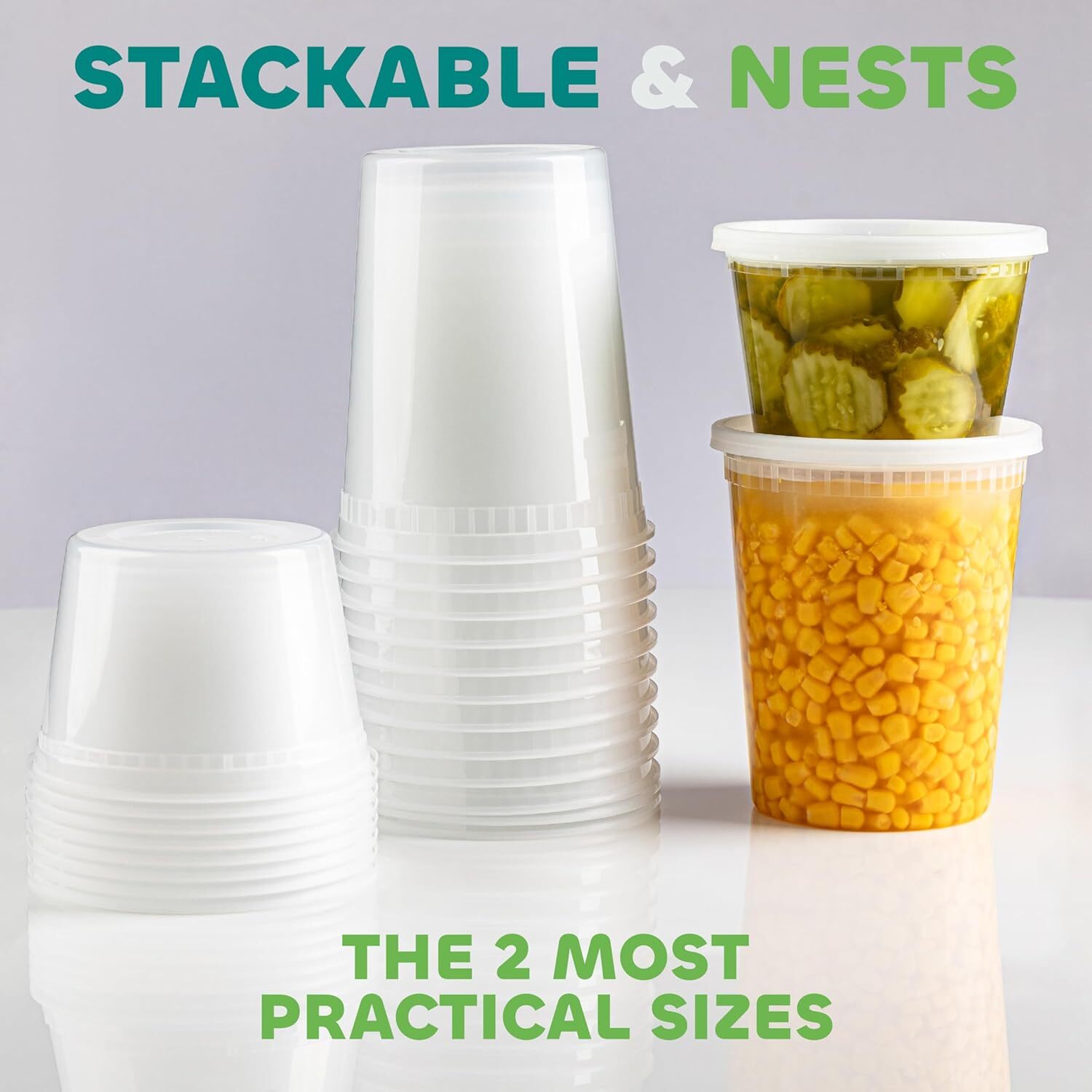 Food container with 54 lids -24-32 oz quart size and 24-16 oz pint size
