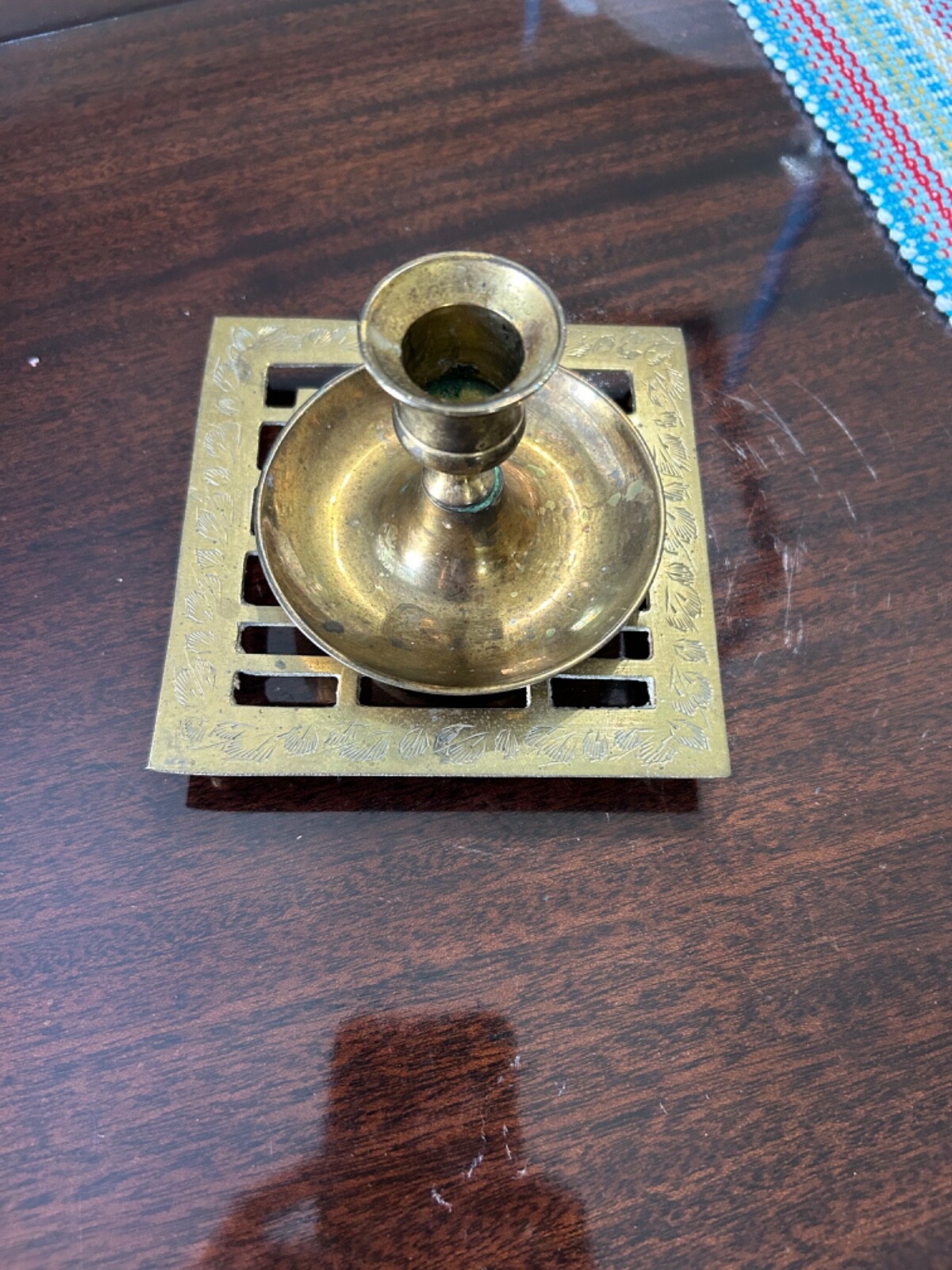 Vintage Solid Brass Trivet Stamped India AND Solid Brass Candlestick
