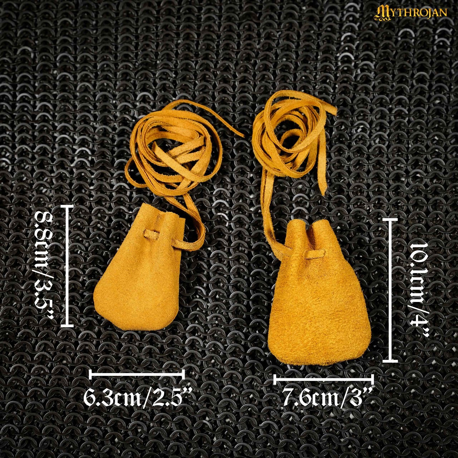 Medieval Belt Pouch Drawstring Viking Suede Leather Handmade Bag Set of 2 Yellow