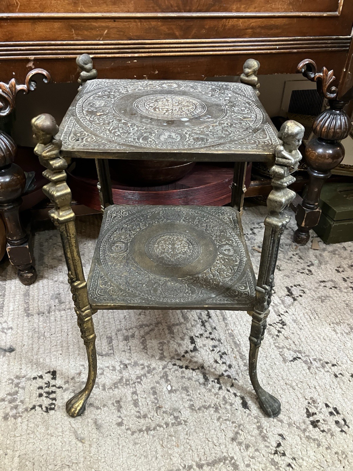 Antique Victorian Cast Iron Plant Stand 2-Tier Side Table