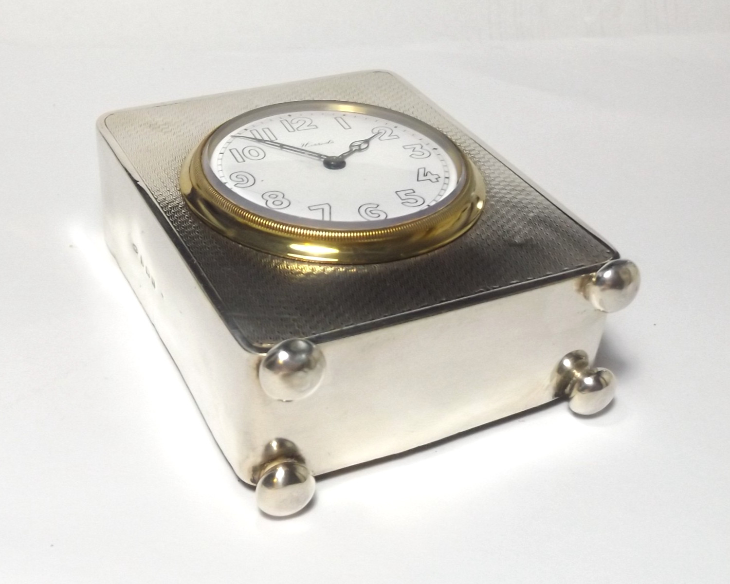 ANTIQUE HARROD'S STERLING SILVER CLOCK, BEDSIDE/ DESK CLOCK BIRMINGHAM 1925
