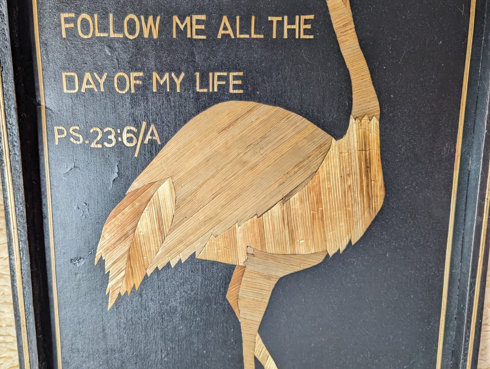 Handmade African Banana Tree Art Ostrich Christian Wall Decor Psalm 23:6 Vintage