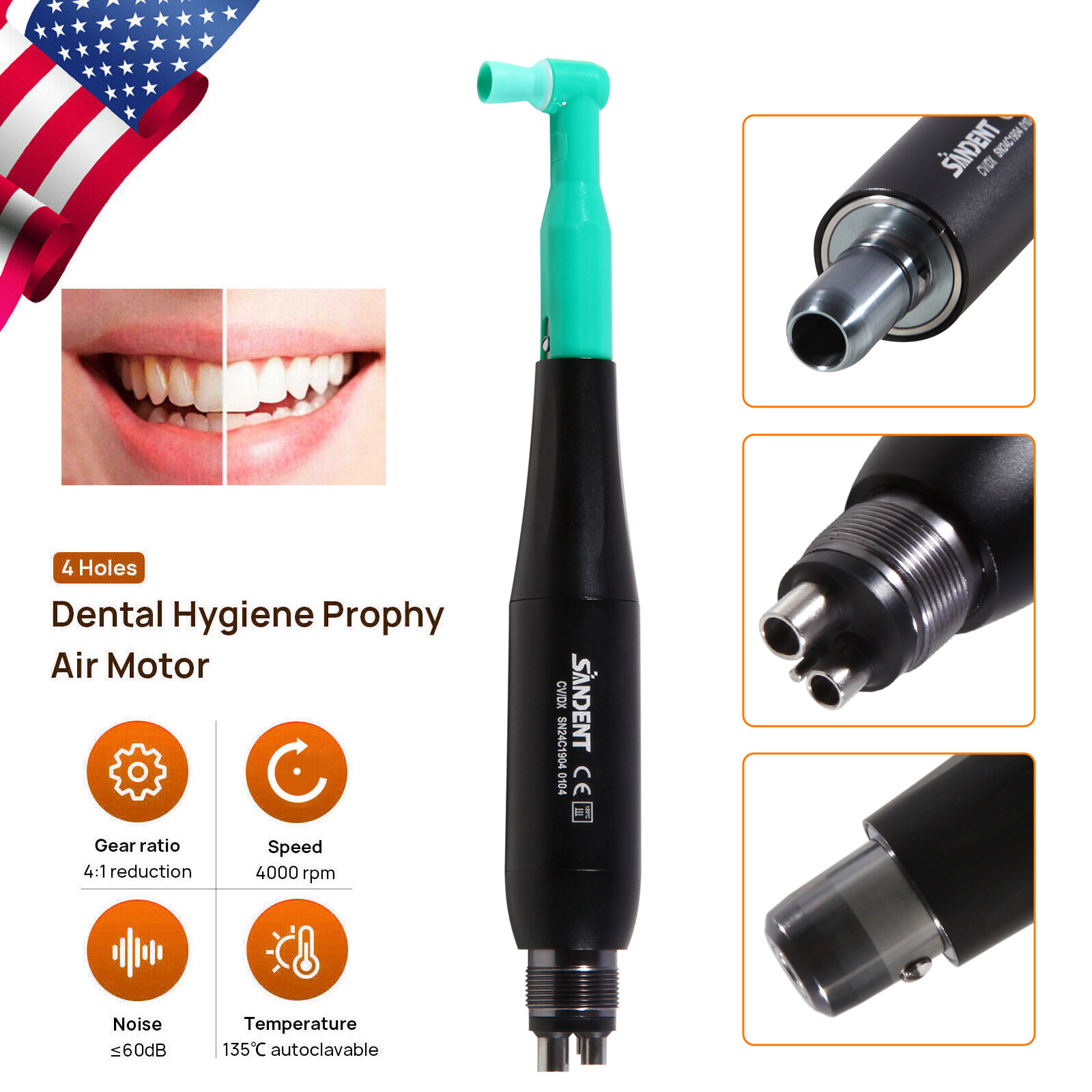 360° Swivel Dental Hygiene Prophy Handpiece Air Motor 4:1 Cone 4 Holes 4000 rpm