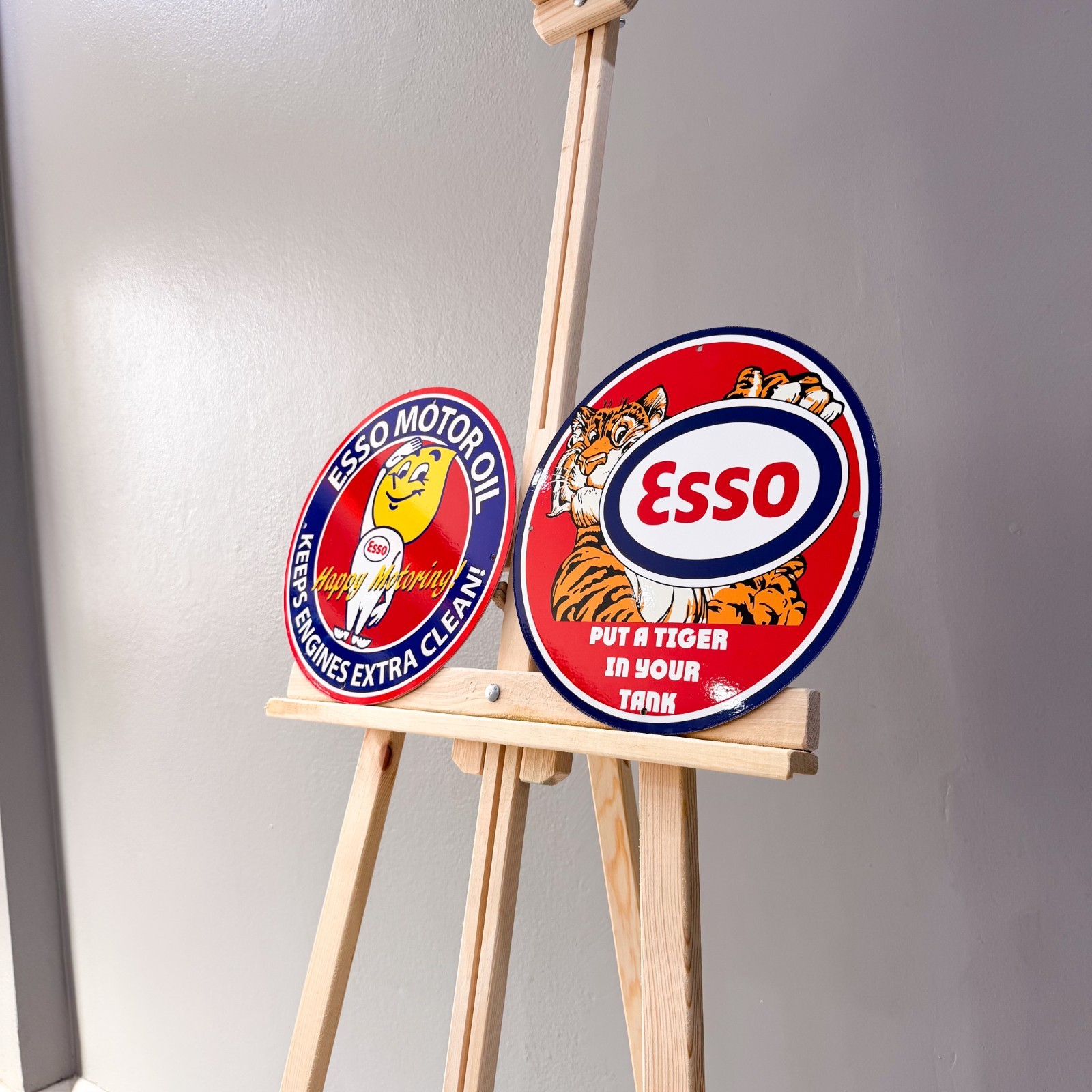 Esso Vintage Metal Sign Set of 2 Tiger & Man Happy Motoring – 30 cm / 11.8”